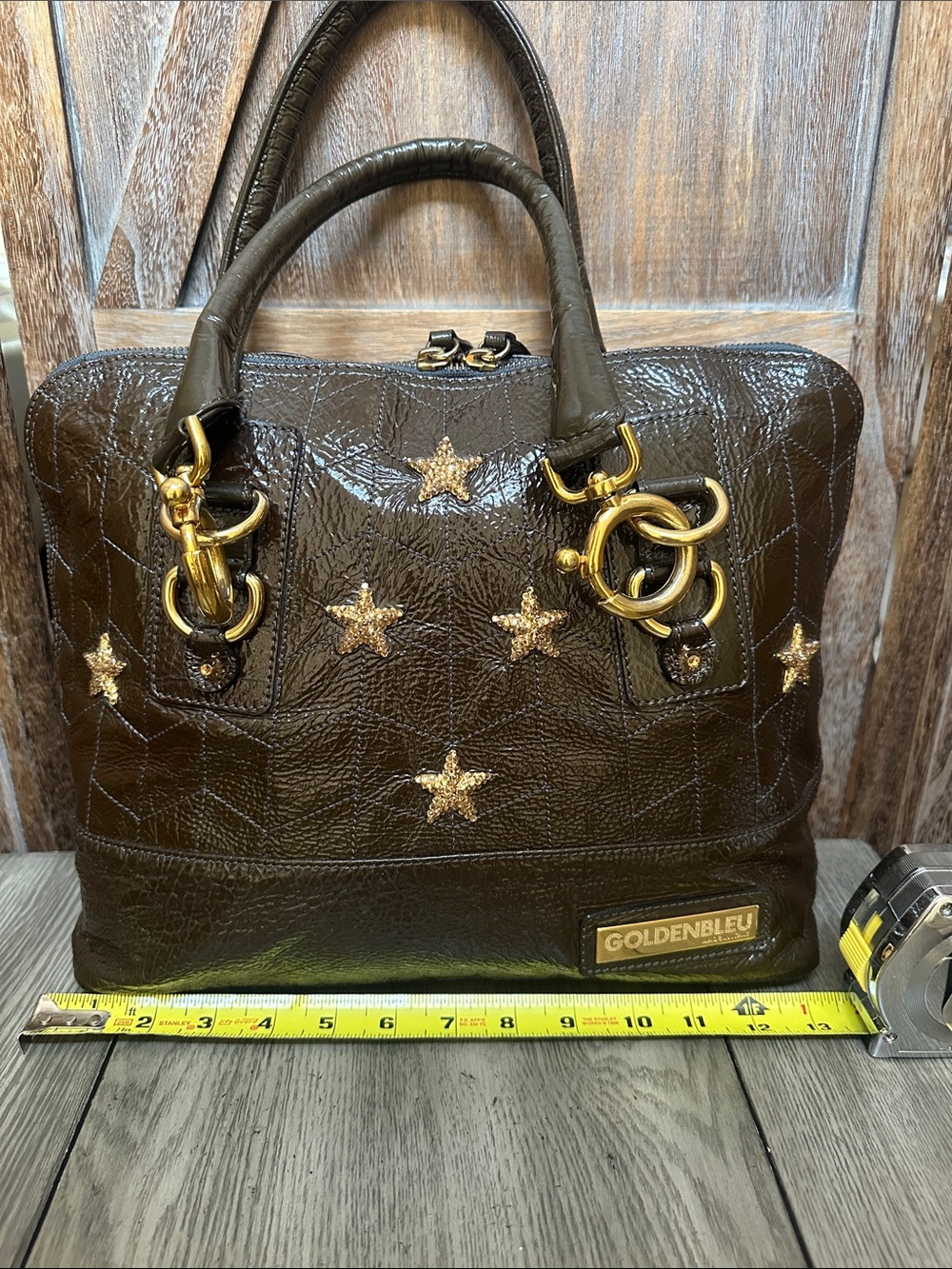 Goldenbleu Made in Italy Vintage Dark Brown Patent Leather Gold Stars Satchel - Picture 6 of 14